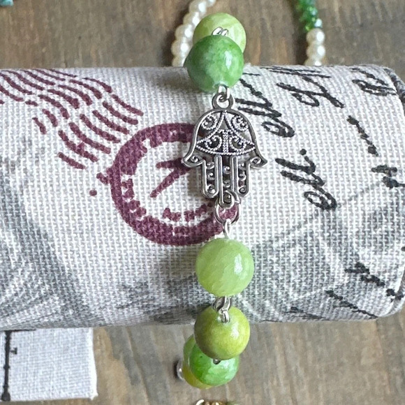 Imperial jade hamsa hand charm beaded bracelet handmade rosary link adjustable - Picture 2 of 12